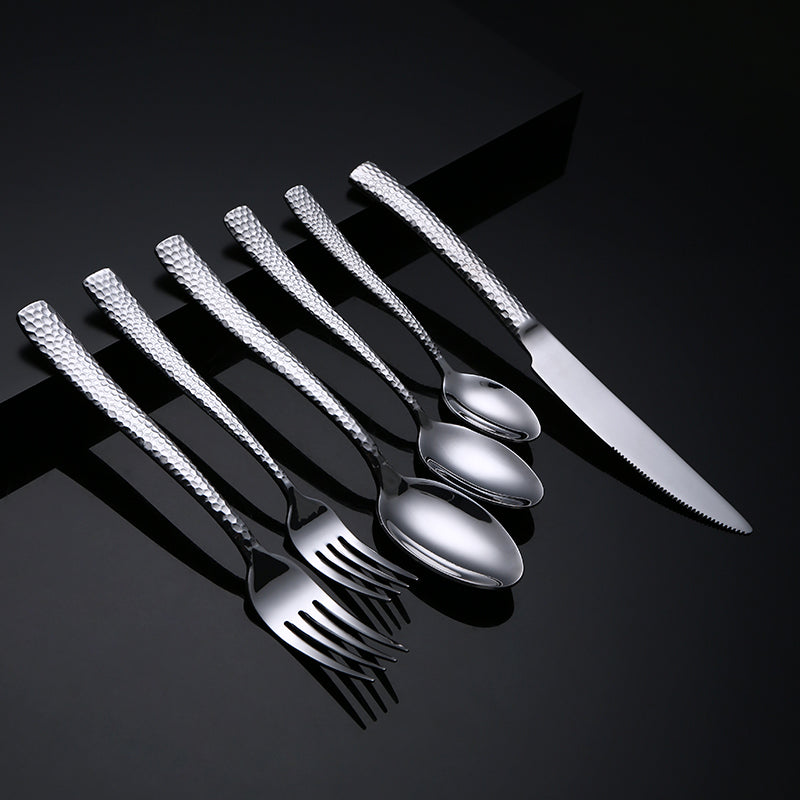 Hammered Silverware Set Stainless Steel Square Flatware Set Service Tableware Cutlery Set Includes Forks Spoons Knives