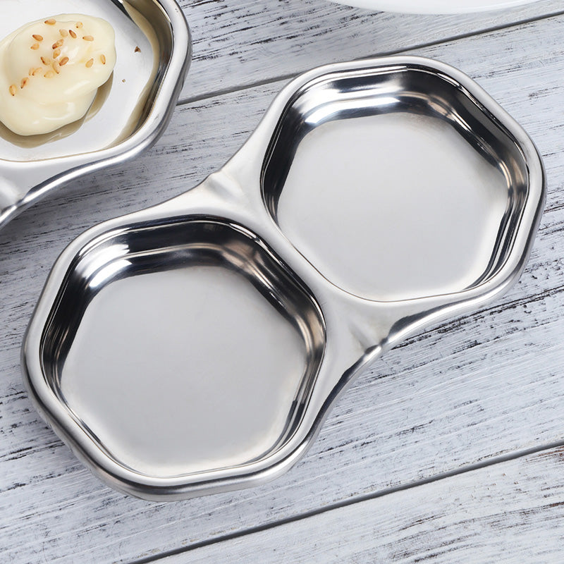 Stainless Steel Sauce Dish, 2 Compartment Sushi Soy Sauce Divided Dipping Bowls Seasoning Dishes Appetizer Serving Tray Sauce Dish for Home Kitchen BBQ, Silver