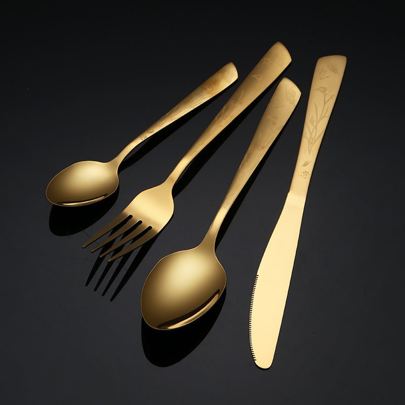 Luxury 4 Piece Home Flatware Gold Forks Spoons Knives Set 24 PCS Stainless Steel Cutlery with Box Case