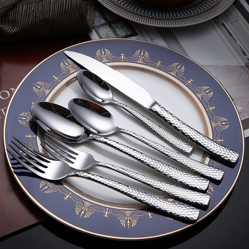 Hammered Silverware Set Stainless Steel Square Flatware Set Service Tableware Cutlery Set Includes Forks Spoons Knives