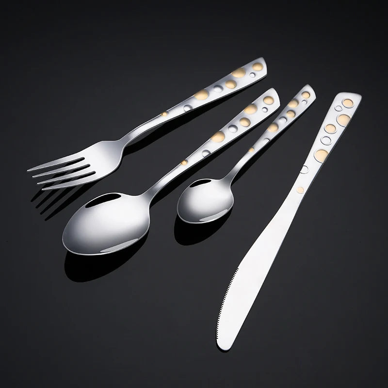 Luxury Korean Style Stainless Steel Bubble Cutlery Set Texture Pattern Gold Plated Flatware Set Spoon Fork Knife Set