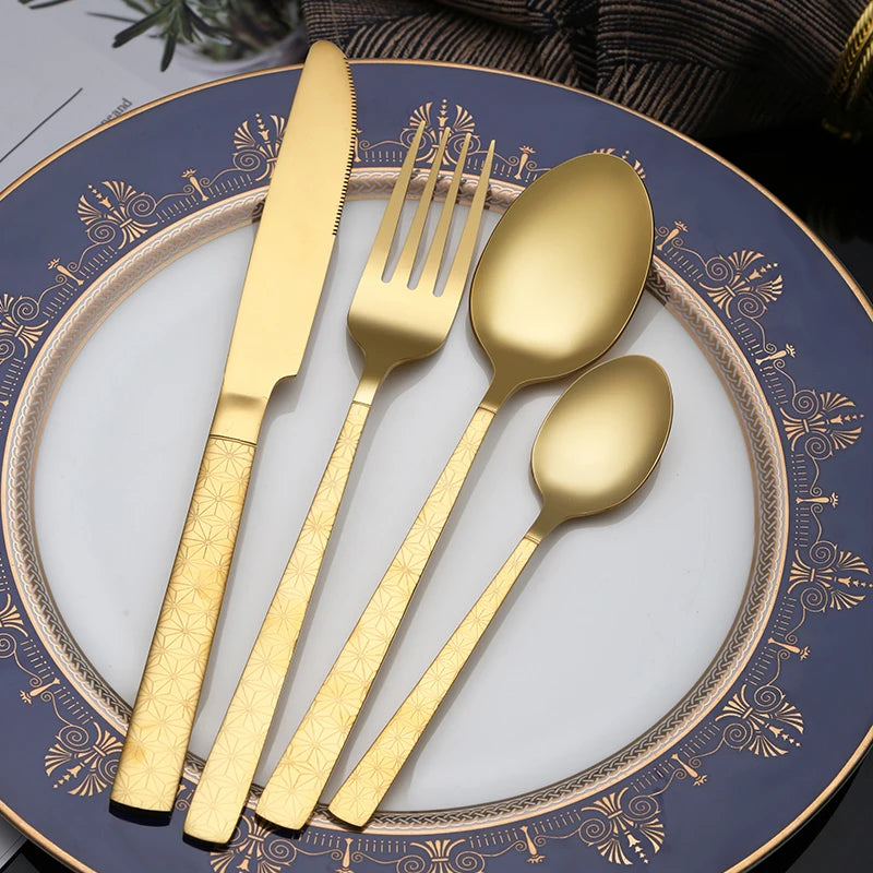 Eco-Friendly Reusable Stainless Steel Ring Handle Knife Fork Spoon Set Gold Flatware Luxury Cutlery Set