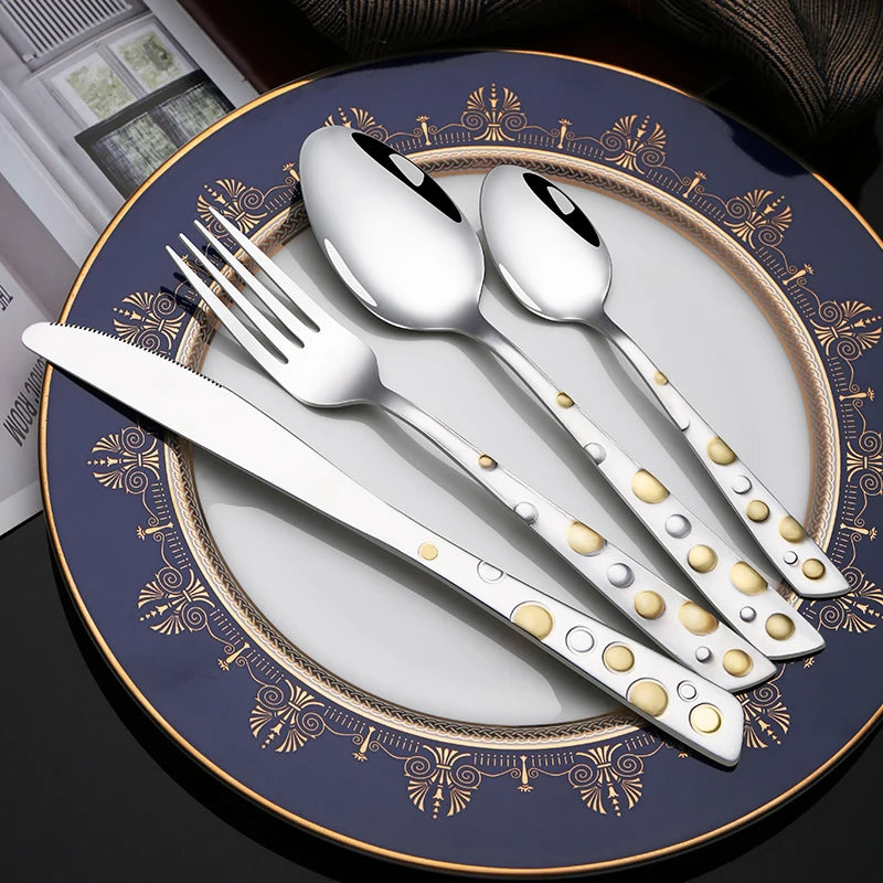 Luxury Korean Style Stainless Steel Bubble Cutlery Set Texture Pattern Gold Plated Flatware Set Spoon Fork Knife Set