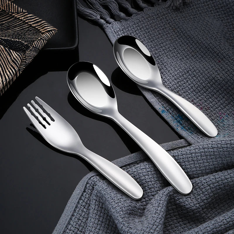 Food Grade Metal Tableware Flat Bottom Spoon And Forks Child Student Stainless Steel Flatware Sets