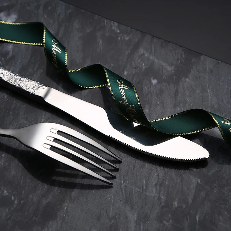 special design silverware set luxury cutleri stainless steel knife spoon fork harmmered cutlery set