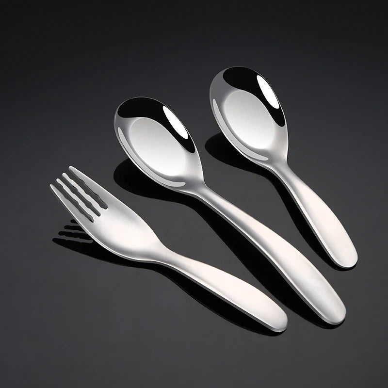 Food Grade Metal Tableware Flat Bottom Spoon And Forks Child Student Stainless Steel Flatware Sets