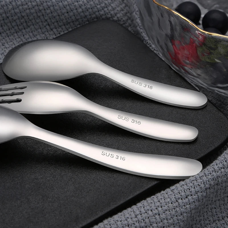 Food Grade Metal Tableware Flat Bottom Spoon And Forks Child Student Stainless Steel Flatware Sets