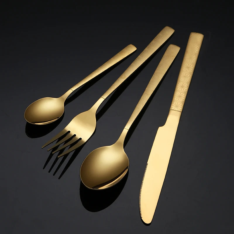 Eco-Friendly Reusable Stainless Steel Ring Handle Knife Fork Spoon Set Gold Flatware Luxury Cutlery Set