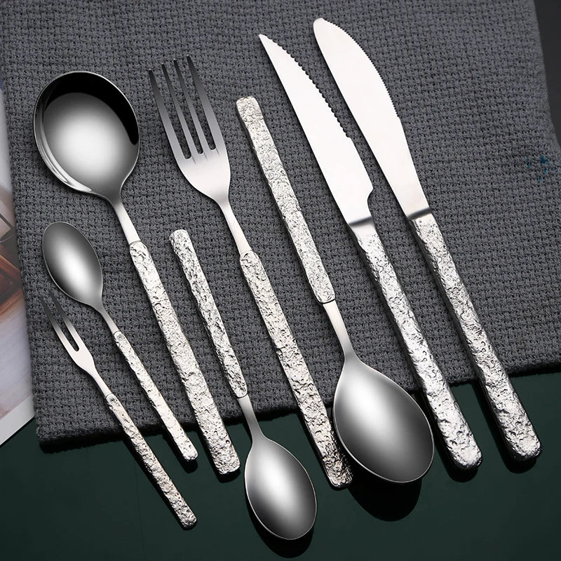 special design silverware set luxury cutleri stainless steel knife spoon fork harmmered cutlery set