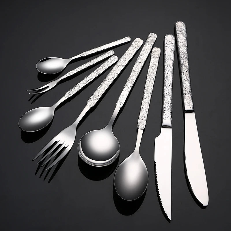 special design silverware set luxury cutleri stainless steel knife spoon fork harmmered cutlery set