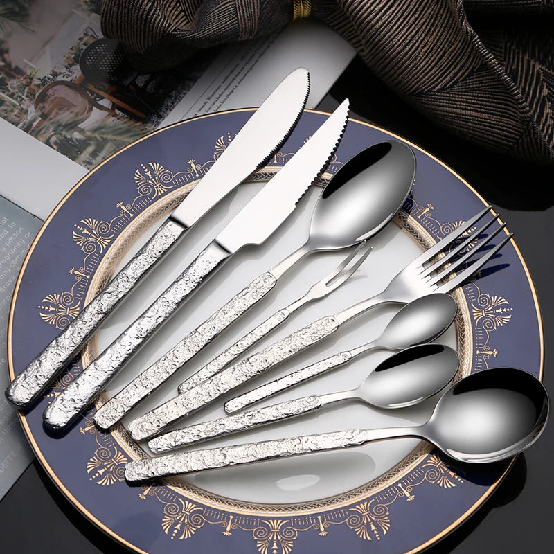 special design silverware set luxury cutleri stainless steel knife spoon fork harmmered cutlery set