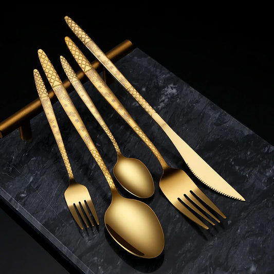 Luxury Retro Flatware Spoon Fork Knife Metal Vintage Wedding Stainless Steel Gold Cutlery Set