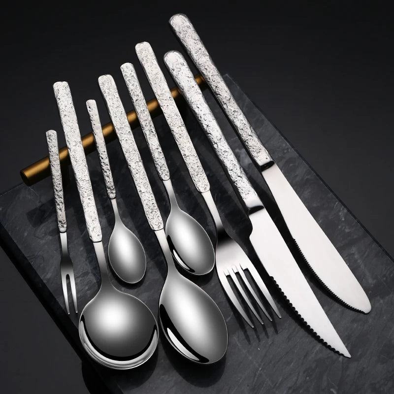 special design silverware set luxury cutleri stainless steel knife spoon fork harmmered cutlery set