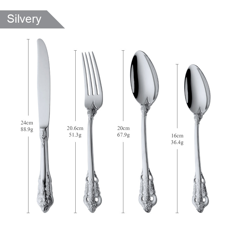 High End Luxury Royal Embossment Stainless Steel 304 Gold Mirror Cutlery Set